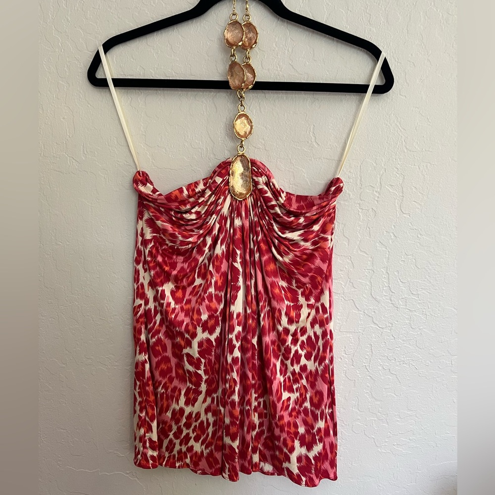 ✨Sky Halter Top✨ Barbie pink leopard print gold neckline